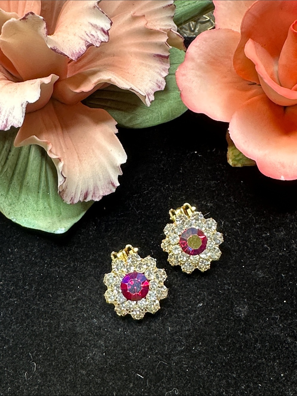 Floral Clip-On Earrings with Pink Center Stones